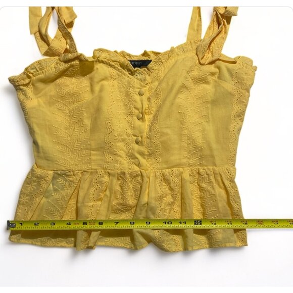 Forever 21 Juniors' Yellow Embroidered Lace Button Front Sleeveless Blouse - Picture 6 of 9